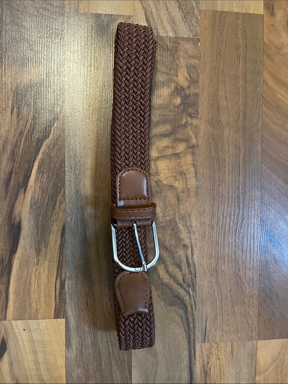 Unisex Brown Woven Elastic Belt with Leather Accents